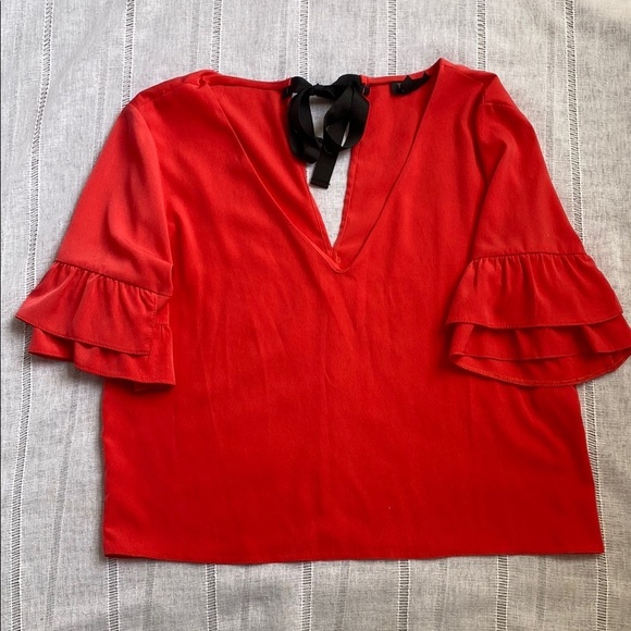 Top Shop Vibrant Red Blouse with Bell Sleeves and Ruffled Details - Picture 7 of 13